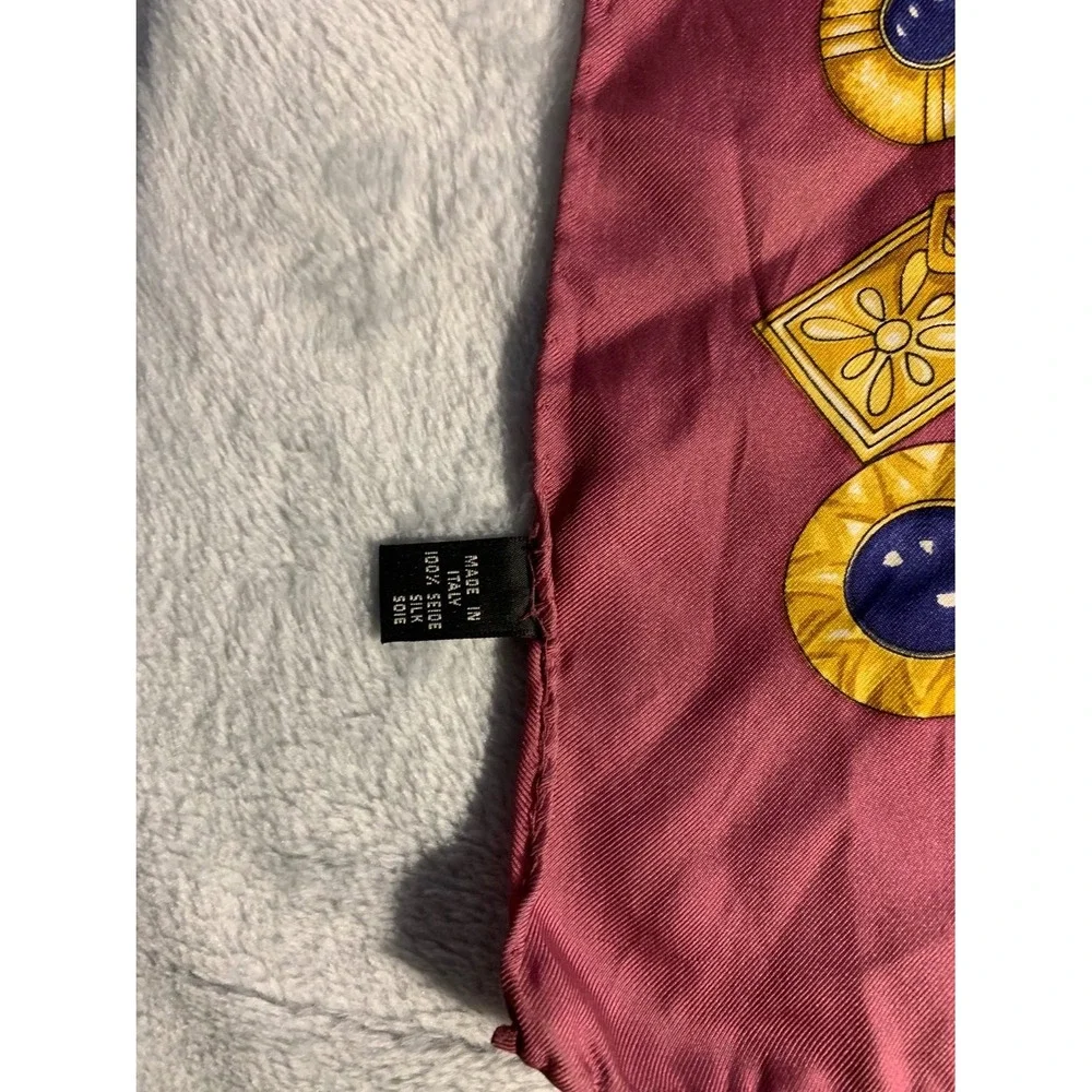 Bogner Vintage Silk Square Scarf Blue Burgundy Gold Chain Crest Made in Italy